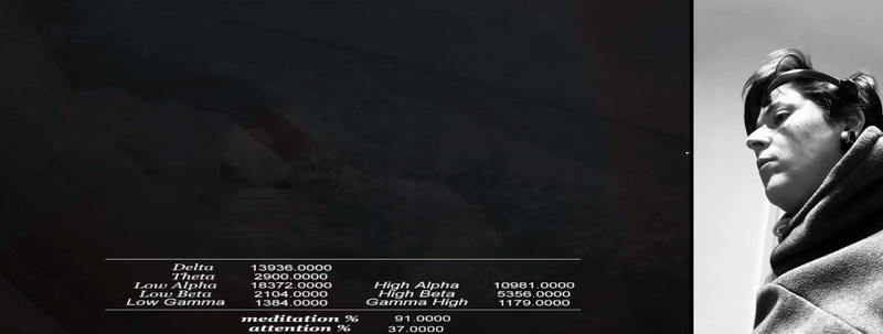 A looped video clip on the left with changing numbers and a low angle shot on a person wearing a brainwave monitoring device.